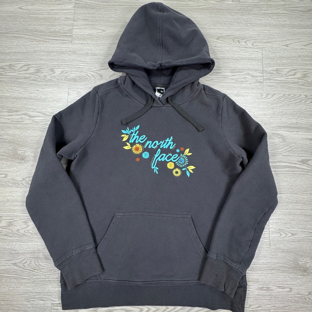 The North Face Women Hoodie Charcoal Gray Floral Graphic Pullover Large Fleece